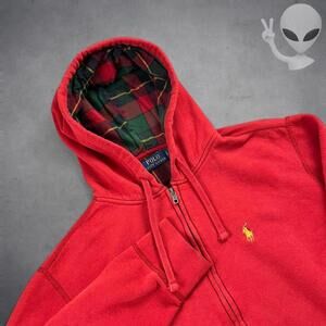 Polo Ralph Lauren Zip Hoodie Small Red Plaid Lined Vintage Jacket Y2K Gold Pony